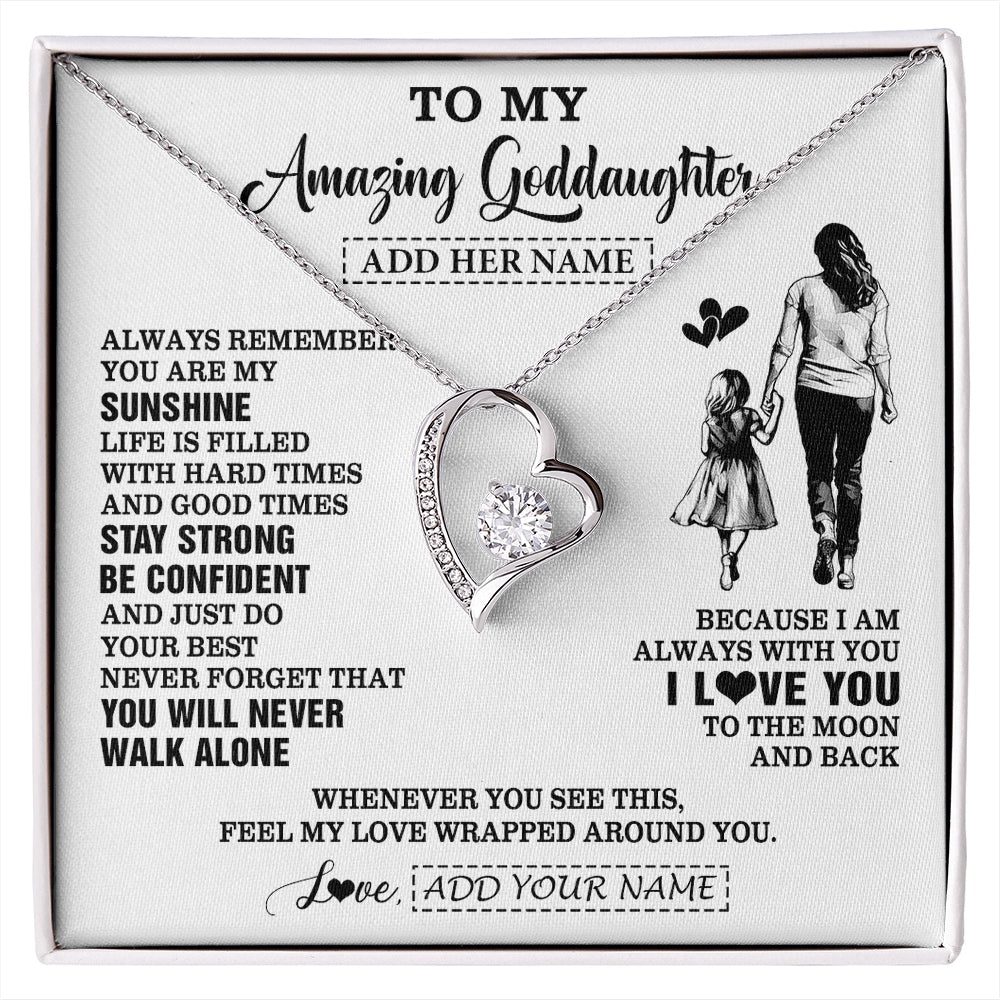 Forever Love Necklace 14K White Gold Finish | 1 | Personalized To My Amazing Goddaughter Necklace From Godmother Aunt Woman It A Big Hug Goddaughter Birthday Gifts Graduation Christmas Gift Box Message Card | https://siriusteestore.