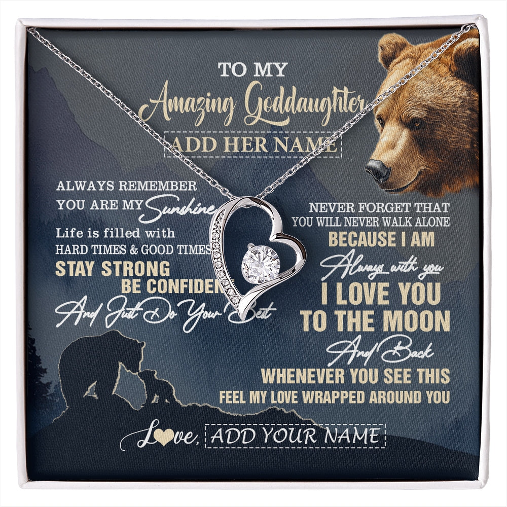 Forever Love Necklace 14K White Gold Finish | 1 | Personalized To My Amazing Goddaughter Necklace From Godmother Bear It A Big Hug Goddaughter Birthday Gifts Graduation Christmas Custom Gift Box Message Card | https://siriusteestore.