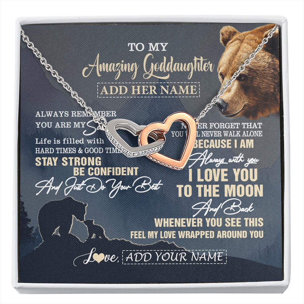 Interlocking Hearts Necklace Stainless Steel & Rose Gold Finish | 1 | Personalized To My Amazing Goddaughter Necklace From Godmother Bear It A Big Hug Goddaughter Birthday Gifts Graduation Christmas Custom Gift Box Message Card | https://siriusteestore.