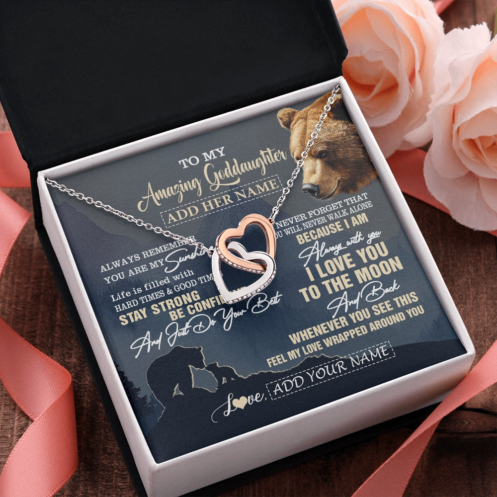 Interlocking Hearts Necklace Stainless Steel & Rose Gold Finish | 2 | Personalized To My Amazing Goddaughter Necklace From Godmother Bear It A Big Hug Goddaughter Birthday Gifts Graduation Christmas Custom Gift Box Message Card | https://siriusteestore.