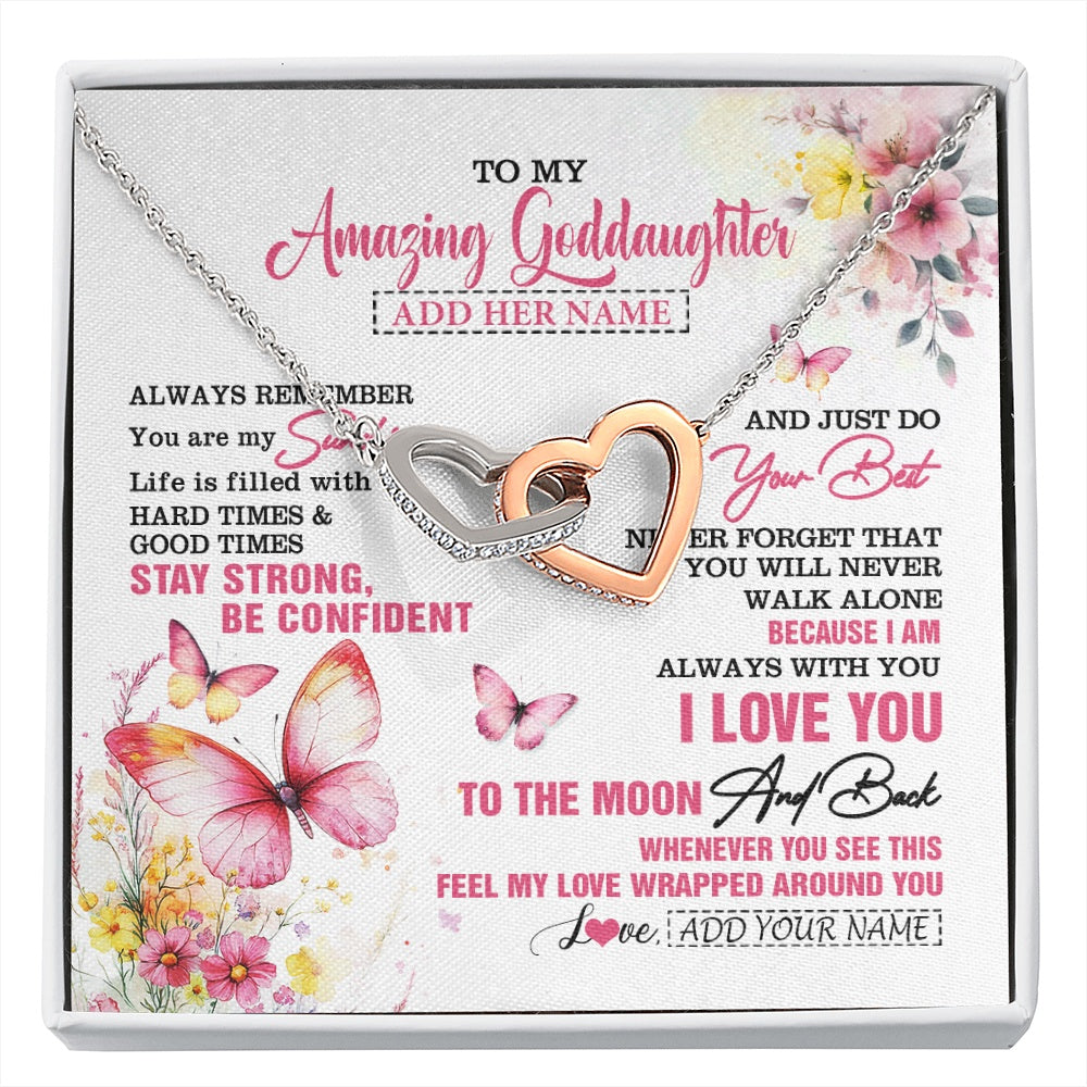 Interlocking Hearts Necklace Stainless Steel & Rose Gold Finish | 1 | Personalized To My Amazing Goddaughter Necklace From Godmother Uncle Butterfly It A Big Hug Goddaughter Birthday Gifts Christmas Custom Gift Box Message Card | https://siriusteestore.