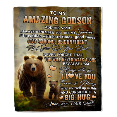 Personalized To My Amazing Godson Bear Blanket From Godmother Uncle My Sunshine Godson Birthday Gifts Graduation Christmas Customized Fleece Throw Blanket | siriusteestore