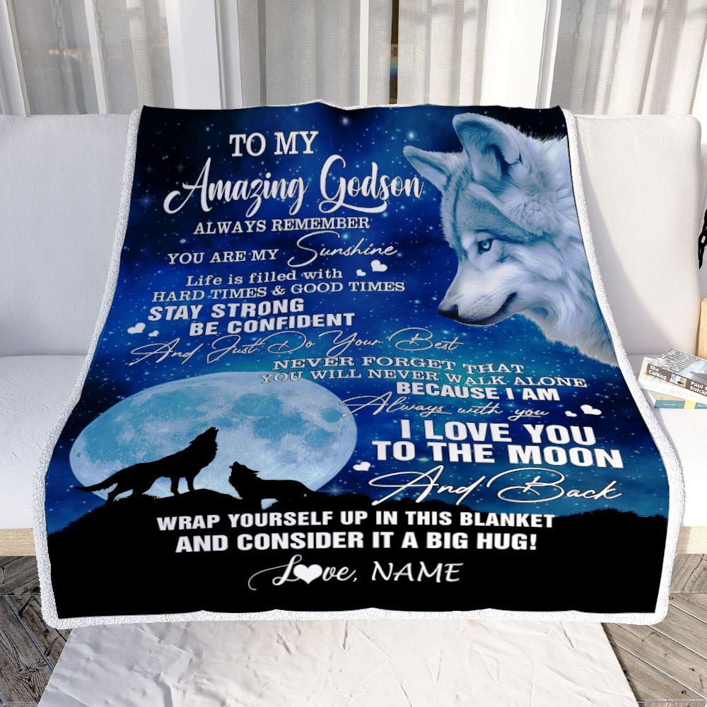 Personalized To My Amazing Godson Blanket From Aunt Uncle Wolf It A Big Hug Godson Birthday Back To School Christmas Customized Fleece Throw Blanket | siriusteestore