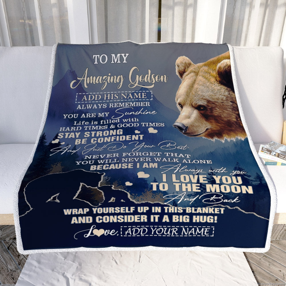 Personalized To My Amazing Godson Blanket From Godmother Uncle Bear It A Big Hug Godson Birthday Gifts Graduation Christmas Customized Fleece Throw Blanket | siriusteestore
