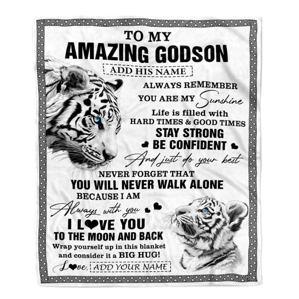 Personalized To My Amazing Godson Blanket From Godmother Uncle White Tiger It A Big Hug Godson Birthday Gifts Graduation Christmas Customized Fleece Blanket | siriusteestore