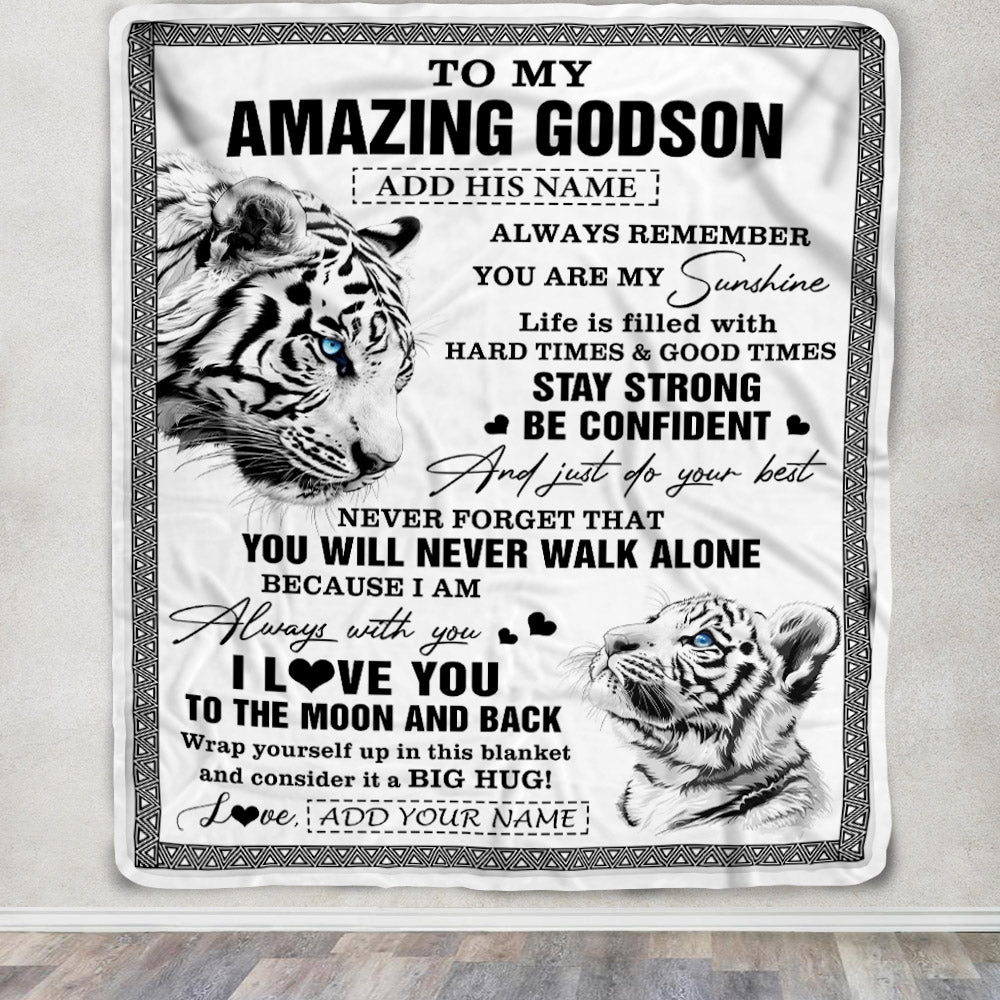 Personalized To My Amazing Godson Blanket From Godmother Uncle White Tiger It A Big Hug Godson Birthday Gifts Graduation Christmas Customized Fleece Blanket | siriusteestore