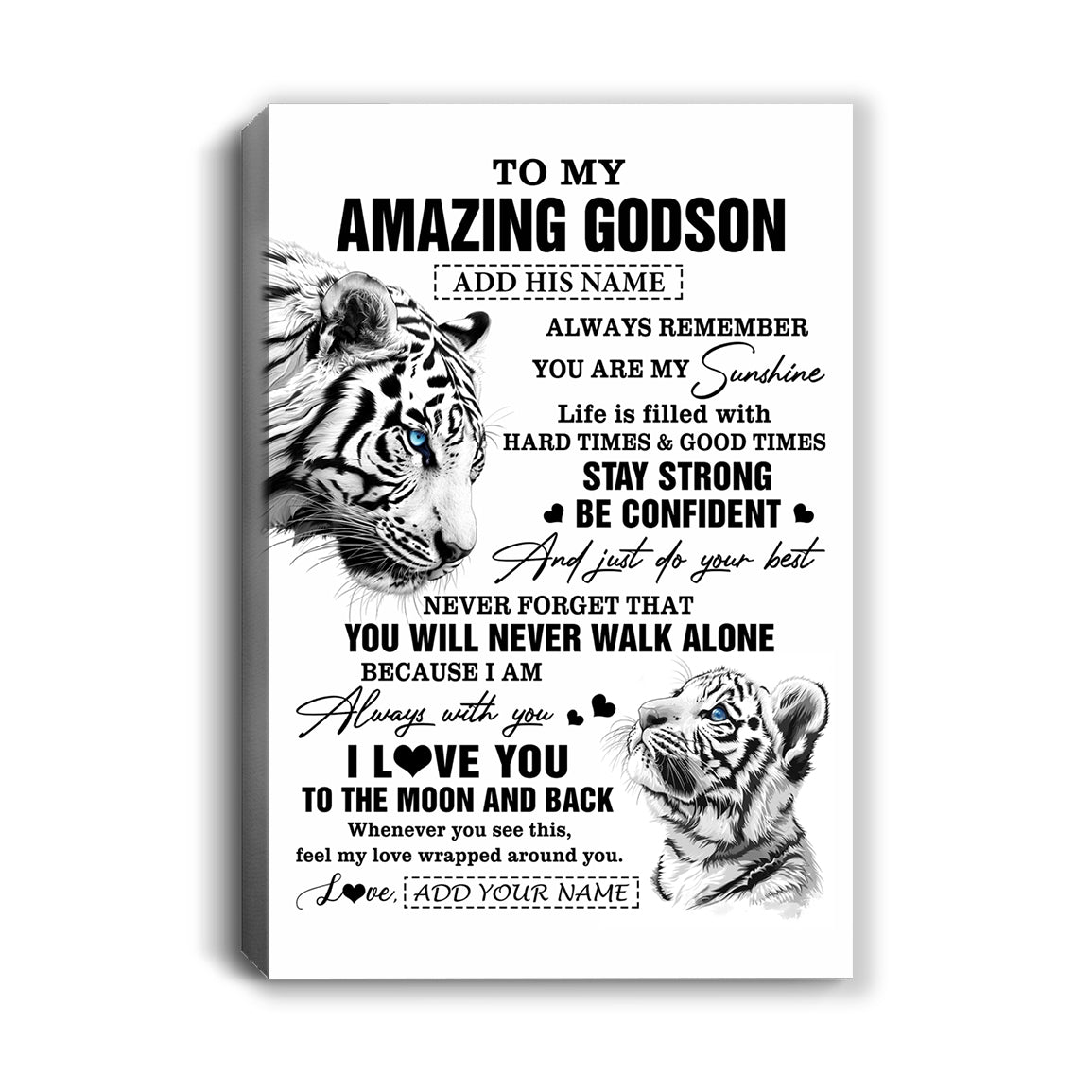Personalized To My Amazing Godson Gifts Canvas From Godmother Godfather White Tiger It A Big Hug Godson Birthday Gifts Graduation Christmas Custom Art Framed Canvas | siriusteestore