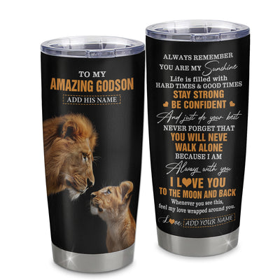 Personalized To My Amazing Godson Gifts Tumbler From Godfather Uncle Lion It A Big Hug Godson Birthday Gifts Graduation Christmas Custom Stainless Steel Travel Mug | siriusteestore