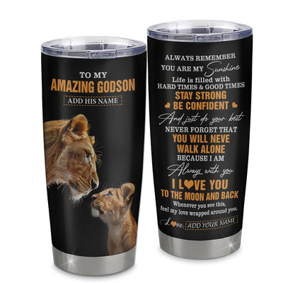 Personalized To My Amazing Godson Gifts Tumbler From Godmother Aunt Lion It A Big Hug Godson Birthday Gifts Graduation Christmas Custom Stainless Steel Travel Mug | siriusteestore
