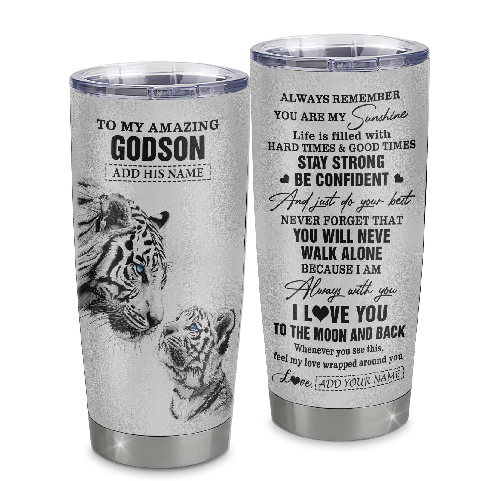 Personalized To My Amazing Godson Gifts Tumbler From Godmother Godfather White Tiger It A Big Hug Godson Birthday Gifts Graduation Christmas Custom Stainless Steel Mug | siriusteestore