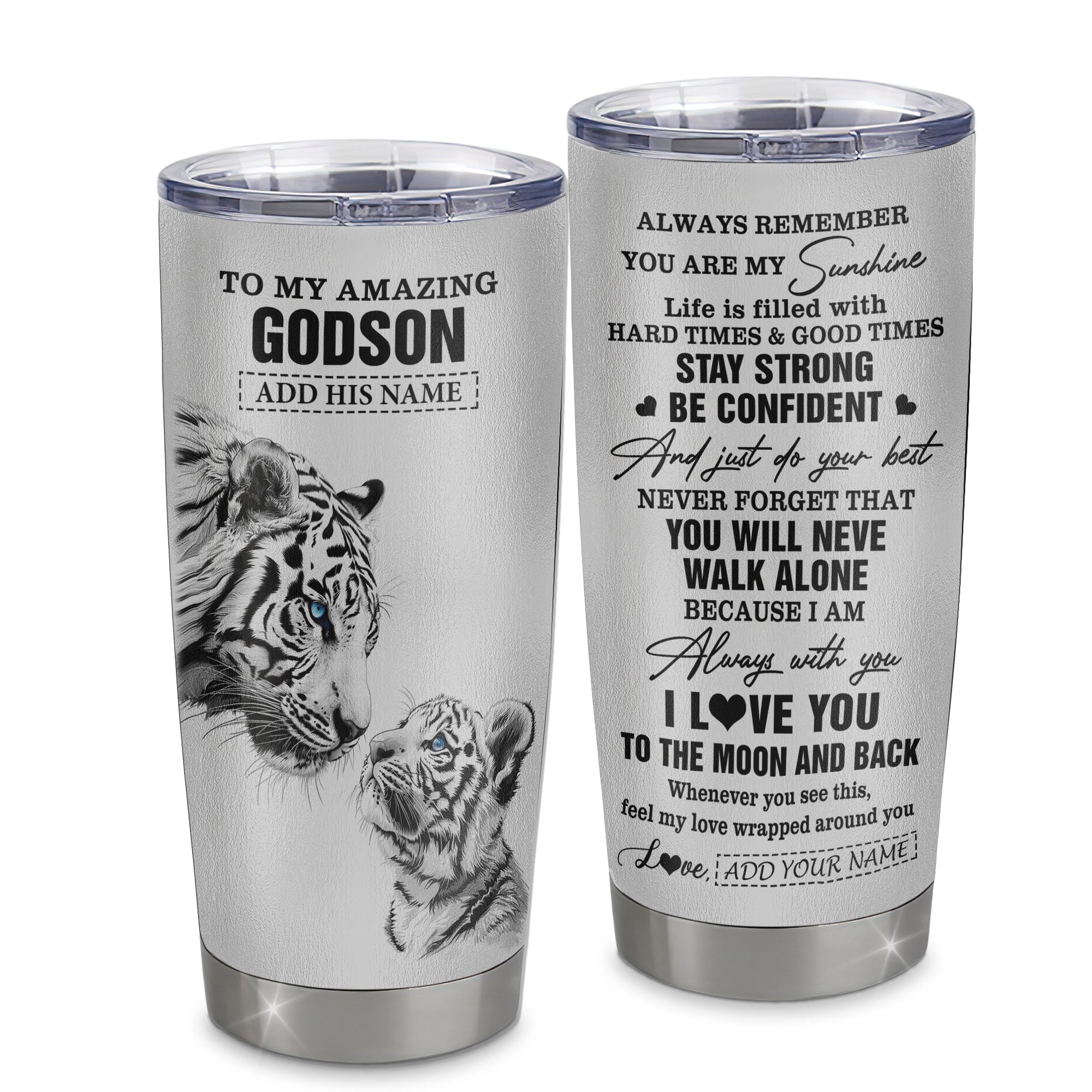 Personalized To My Amazing Godson Gifts Tumbler From Godmother Godfather White Tiger It A Big Hug Godson Birthday Gifts Graduation Christmas Custom Stainless Steel Mug | siriusteestore