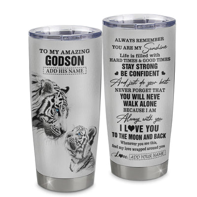 Personalized To My Amazing Godson Gifts Tumbler From Godmother Godfather White Tiger It A Big Hug Godson Birthday Gifts Graduation Christmas Custom Stainless Steel Mug | siriusteestore
