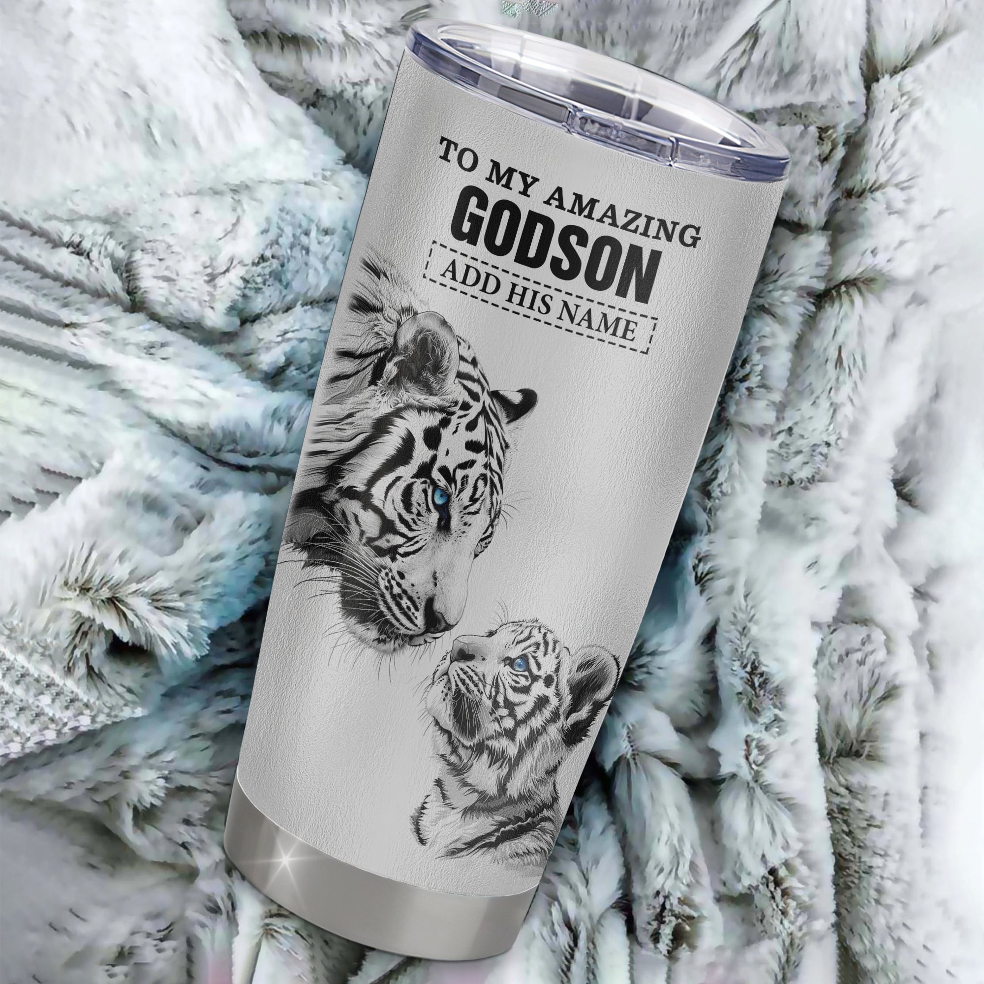 Personalized To My Amazing Godson Gifts Tumbler From Godmother Godfather White Tiger It A Big Hug Godson Birthday Gifts Graduation Christmas Custom Stainless Steel Mug | siriusteestore