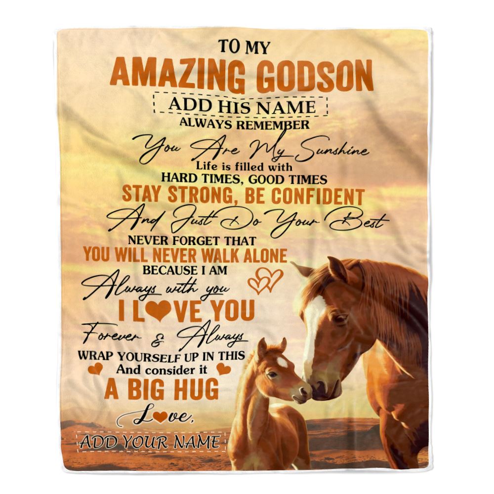 Personalized To My Amazing Godson Horse Blanket From Godmother Uncle My Sunshine Godson Birthday Gifts Graduation Christmas Customized Fleece Throw Blanket | siriusteestore
