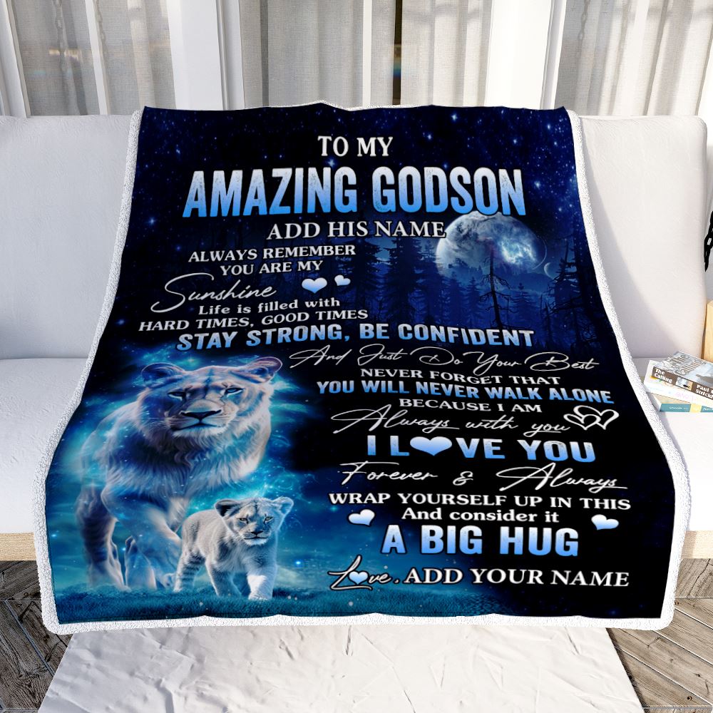 Personalized To My Amazing Godson Lion Blanket From Godmother My Sunshine Godson Birthday Gifts Graduation Christmas Customized Fleece Throw Blanket | siriusteestore