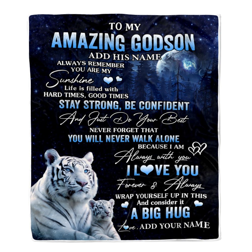 Personalized To My Amazing Godson White Tiger Blanket From Godmother Uncle My Sunshine Godson Birthday Gifts Graduation Christmas Customized Fleece Blanket | siriusteestore