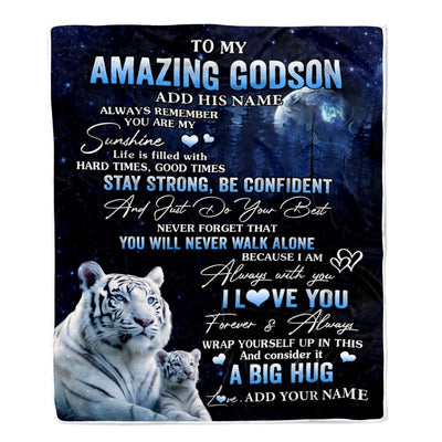 Personalized To My Amazing Godson White Tiger Blanket From Godmother Uncle My Sunshine Godson Birthday Gifts Graduation Christmas Customized Fleece Blanket | siriusteestore