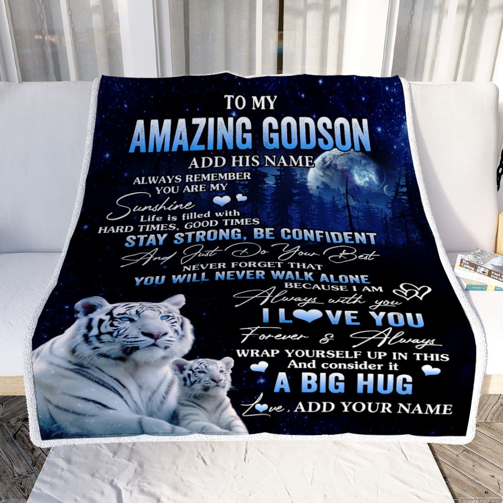 Personalized To My Amazing Godson White Tiger Blanket From Godmother Uncle My Sunshine Godson Birthday Gifts Graduation Christmas Customized Fleece Blanket | siriusteestore