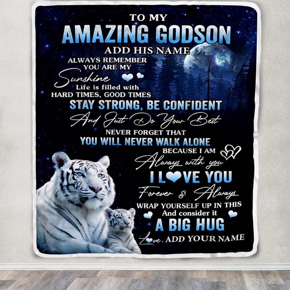 Personalized To My Amazing Godson White Tiger Blanket From Godmother Uncle My Sunshine Godson Birthday Gifts Graduation Christmas Customized Fleece Blanket | siriusteestore
