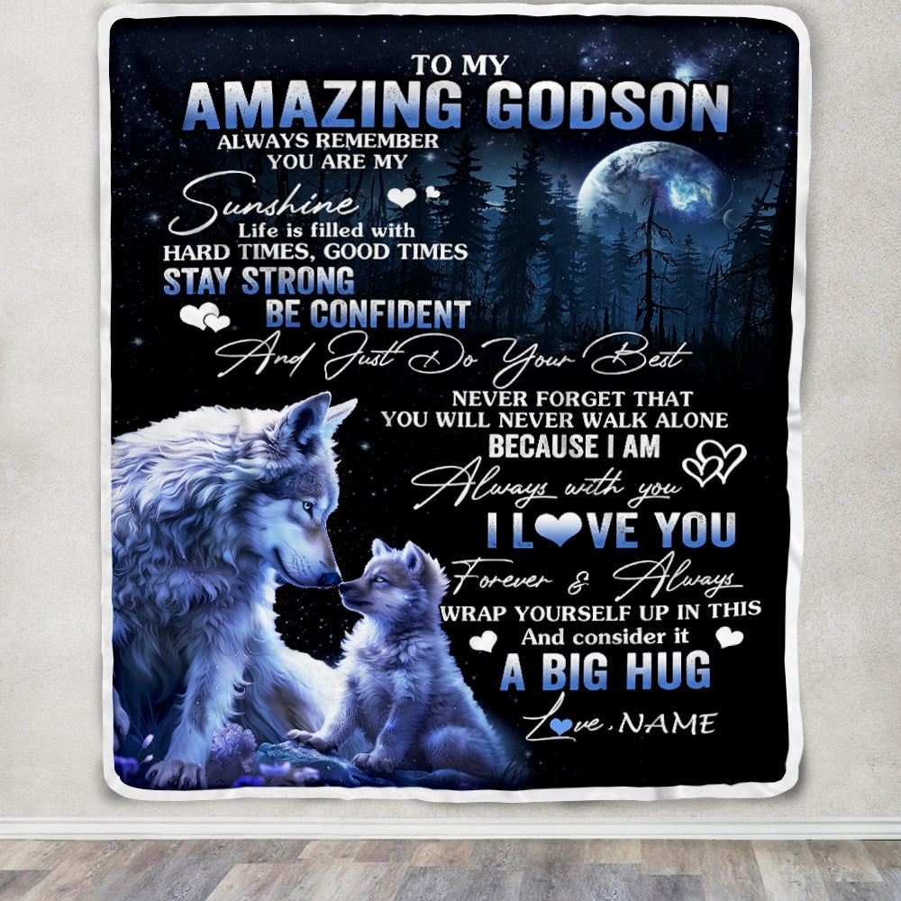 Personalized To My Amazing Godson Wolf Blanket From Godmother Godfather Moon Wolf Godchild Godson Graduation Christmas Customized Fleece Blanket | siriusteestore