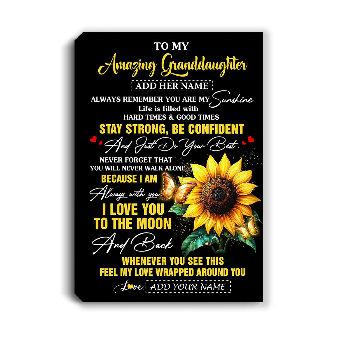 Personalized To My Amazing Granddaughter Canvas From Grandma Grandpa Sunflower It A Big Hug Granddaughter Birthday Gifts Christmas Custom Wall Art Framed Canvas | siriusteestore