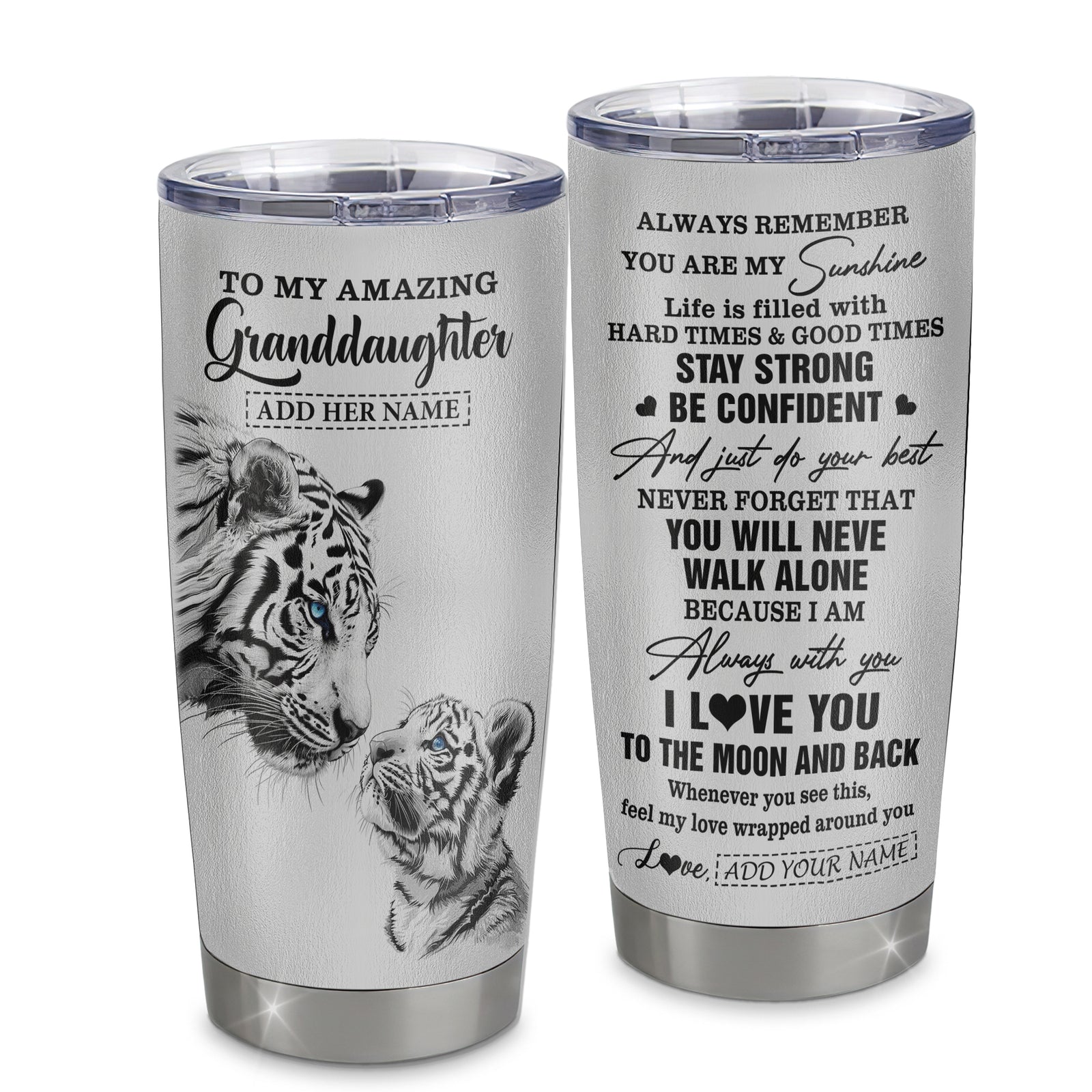 Personalized To My Amazing Granddaughter Gifts Tumbler From Grandma Grandpa White Tiger It A Big Hug Granddaughter Birthday Gifts Christmas Custom Stainless Steel Mug | siriusteestore
