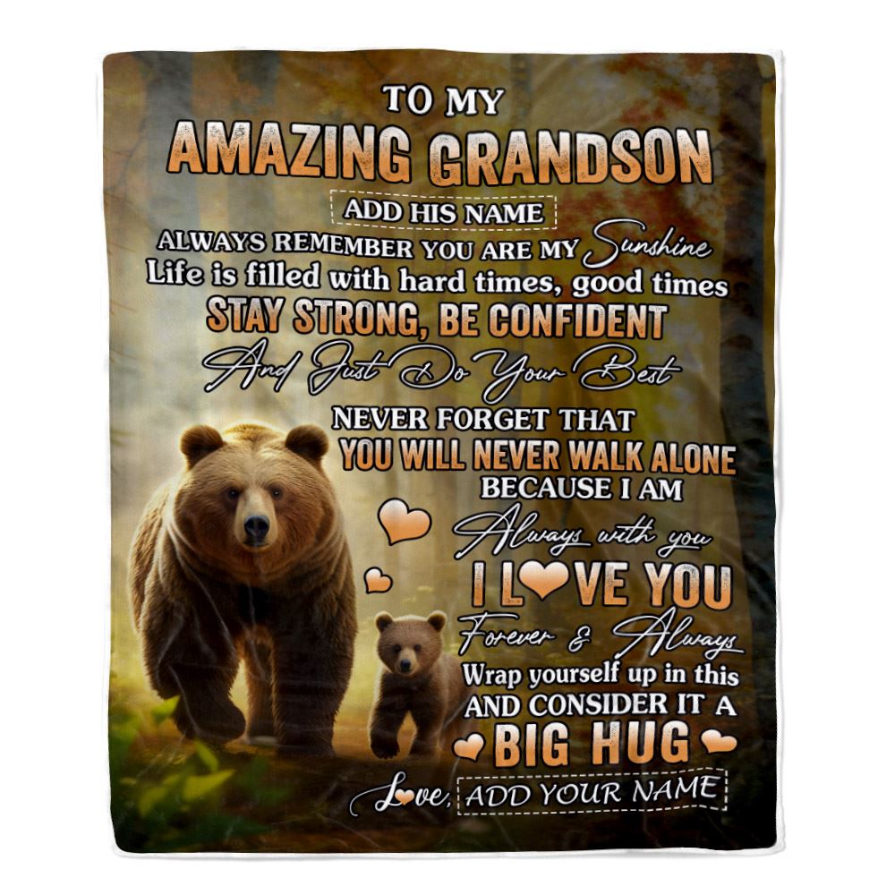 Personalized To My Amazing Grandson Bear Blanket From Grandma Grandpa My Sunshine Grandson Birthday Gifts Graduation Christmas Customized Fleece Throw Blanket | siriusteestore