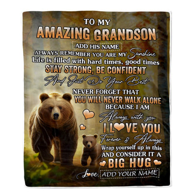 Personalized To My Amazing Grandson Bear Blanket From Grandma Grandpa My Sunshine Grandson Birthday Gifts Graduation Christmas Customized Fleece Throw Blanket | siriusteestore