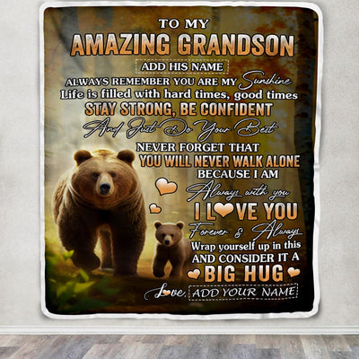 Personalized To My Amazing Grandson Bear Blanket From Grandma Grandpa My Sunshine Grandson Birthday Gifts Graduation Christmas Customized Fleece Throw Blanket | siriusteestore