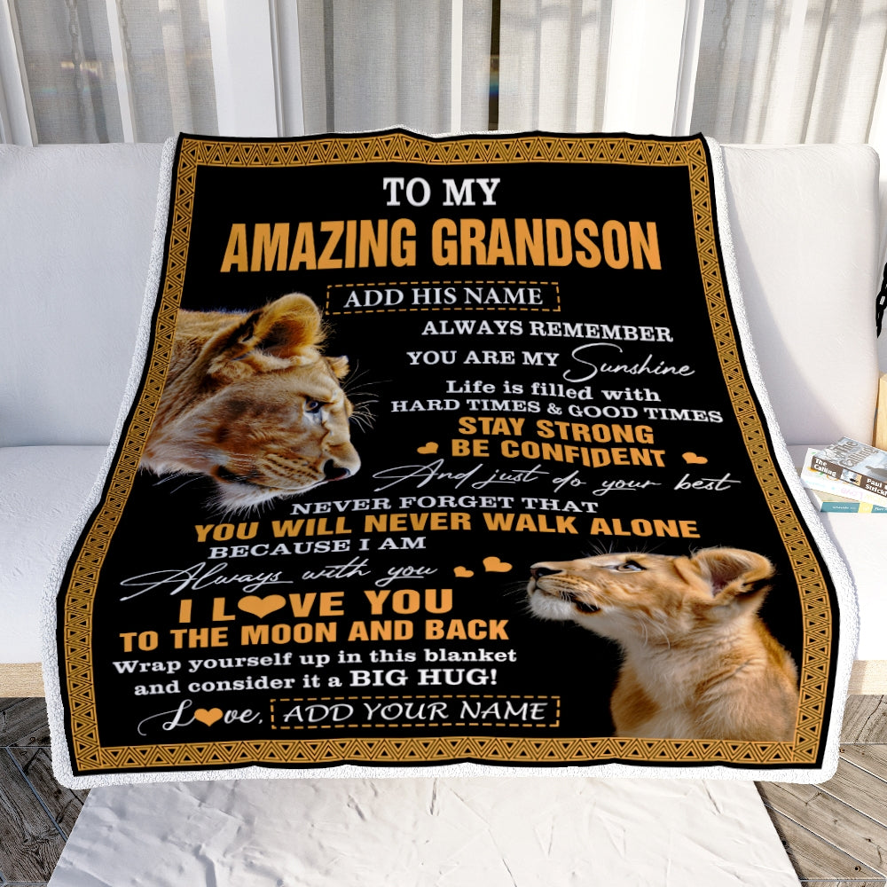 Personalized To My Amazing Grandson Blanket From Grandma Grandmother Lion It A Big Hug Grandson Birthday Gifts Graduation Christmas Custom Fleece Blanket | siriusteestore