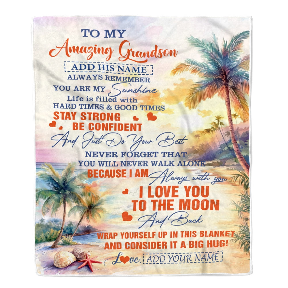 Personalized To My Amazing Grandson Blanket From Grandma Grandpa Beach It A Big Hug Grandson Birthday Gifts Graduation Christmas Custom Fleece Throw Blanket | siriusteestore