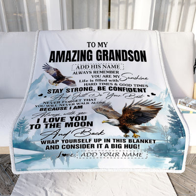 Personalized To My Amazing Grandson Blanket From Grandma Grandpa Eagle It A Big Hug Grandson Birthday Gifts Graduation Christmas Custom Fleece Throw Blanket | siriusteestore