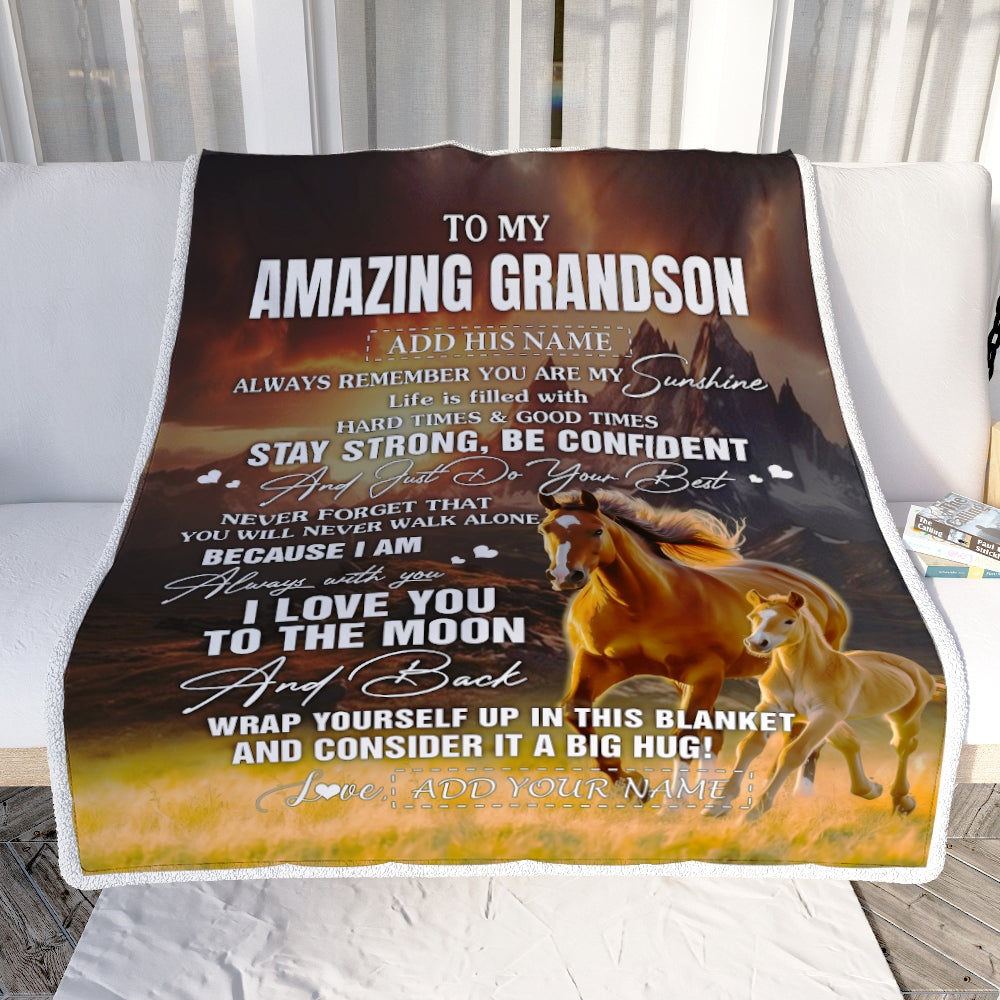 Personalized To My Amazing Grandson Blanket From Grandma Grandpa Horse It A Big Hug Grandson Birthday Gifts Graduation Christmas Custom Fleece Throw Blanket | siriusteestore