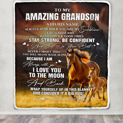 Personalized To My Amazing Grandson Blanket From Grandma Grandpa Horse It A Big Hug Grandson Birthday Gifts Graduation Christmas Custom Fleece Throw Blanket | siriusteestore