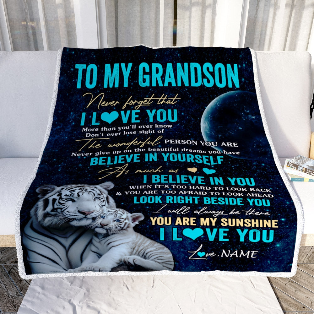 Personalized To My Amazing Grandson Blanket From Grandma Grandpa Never Forget I Love You White Tiger Granddaughter Birthday Christmas Customized Fleece Blanket | siriusteestore