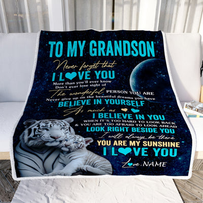 Personalized To My Amazing Grandson Blanket From Grandma Grandpa Never Forget I Love You White Tiger Granddaughter Birthday Christmas Customized Fleece Blanket | siriusteestore