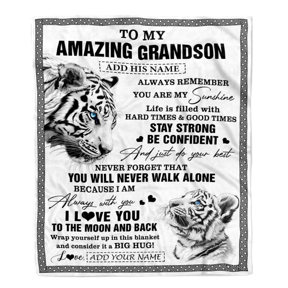 Personalized To My Amazing Grandson Blanket From Grandma Grandpa White Tiger It A Big Hug Grandson Birthday Gifts Christmas Customized Fleece Throw Blanket | siriusteestore