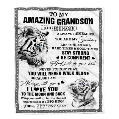 Personalized To My Amazing Grandson Blanket From Grandma Grandpa White Tiger It A Big Hug Grandson Birthday Gifts Christmas Customized Fleece Throw Blanket | siriusteestore