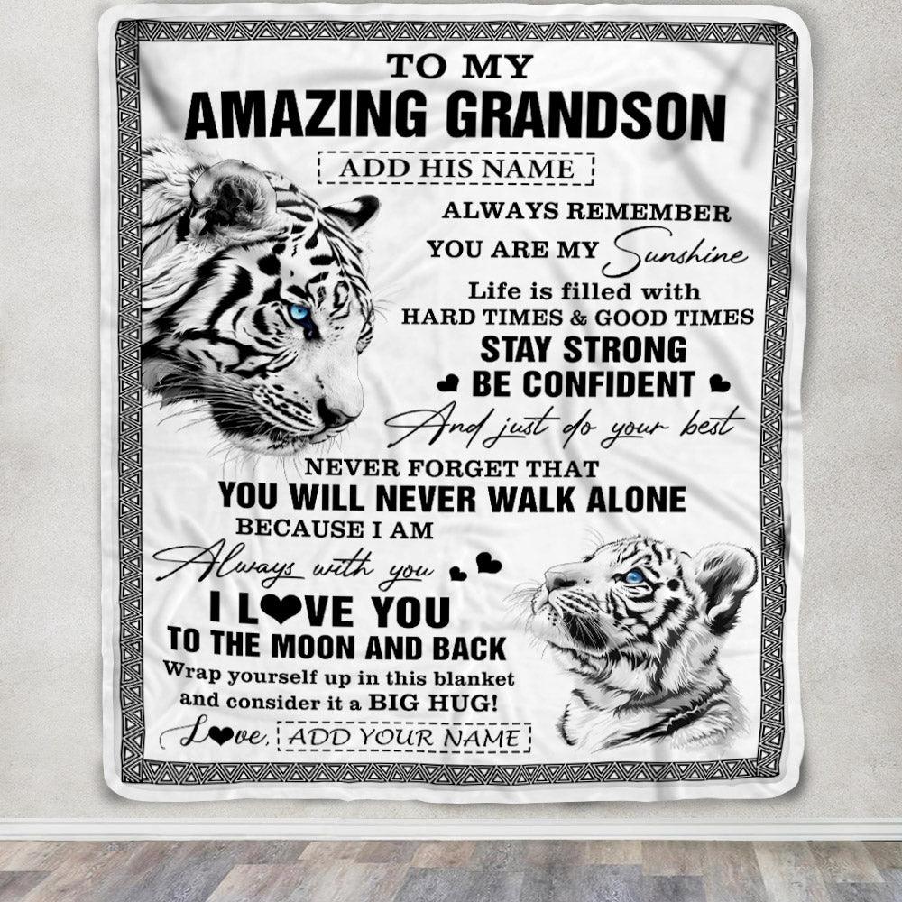 Personalized To My Amazing Grandson Blanket From Grandma Grandpa White Tiger It A Big Hug Grandson Birthday Gifts Christmas Customized Fleece Throw Blanket | siriusteestore