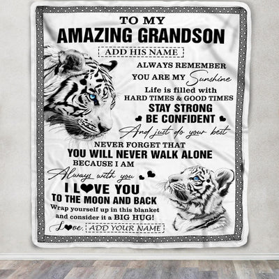 Personalized To My Amazing Grandson Blanket From Grandma Grandpa White Tiger It A Big Hug Grandson Birthday Gifts Christmas Customized Fleece Throw Blanket | siriusteestore