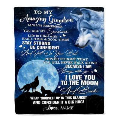 Personalized To My Amazing Grandson Blanket From Grandma Grandpa Wolf It A Big Hug Son Birthday Back To School Christmas Customized Fleece Throw Blanket | siriusteestore