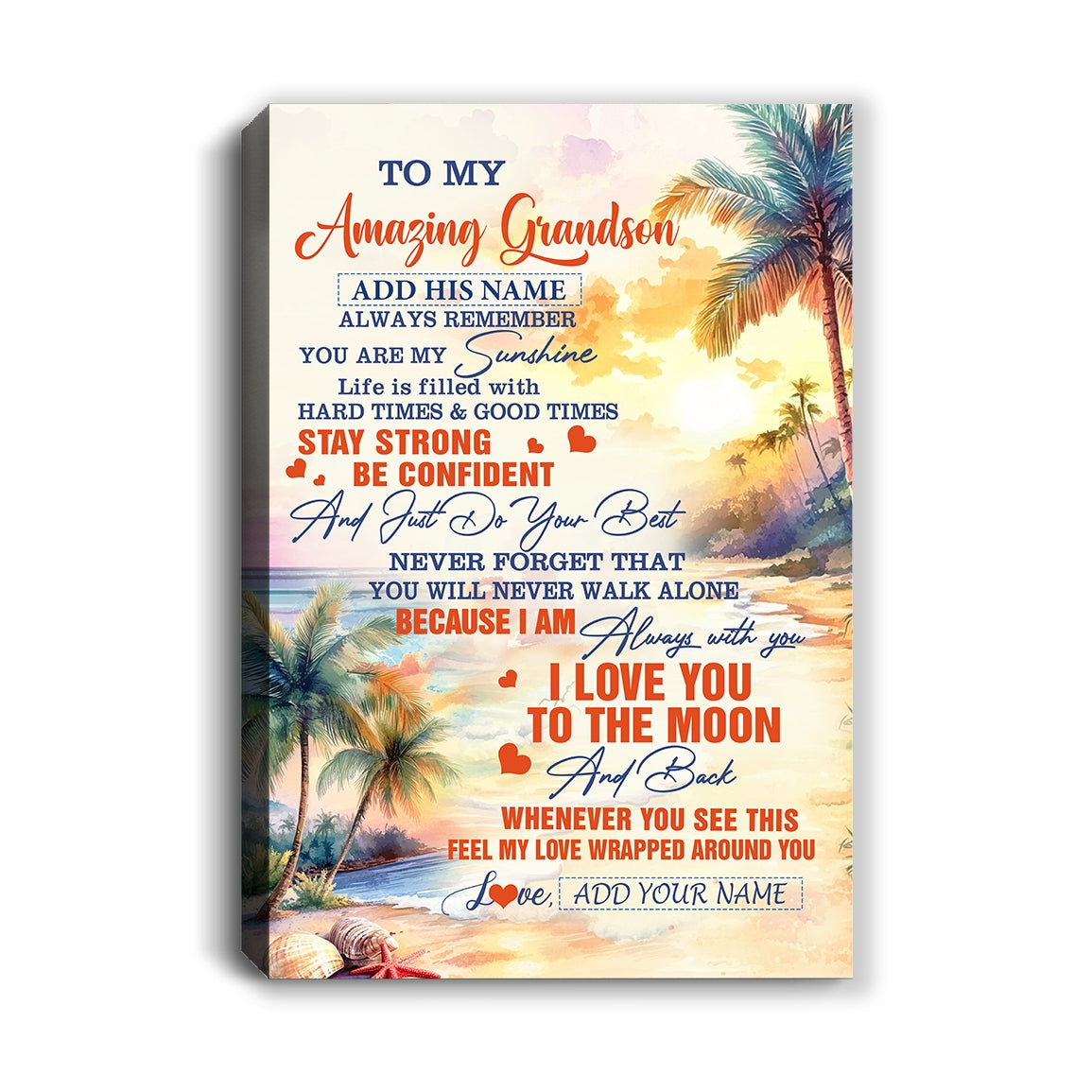 Personalized To My Amazing Grandson Canvas From Grandma Grandpa Beach It A Big Hug Grandson Birthday Gifts Graduation Christmas Custom Wall Art Framed Canvas | siriusteestore