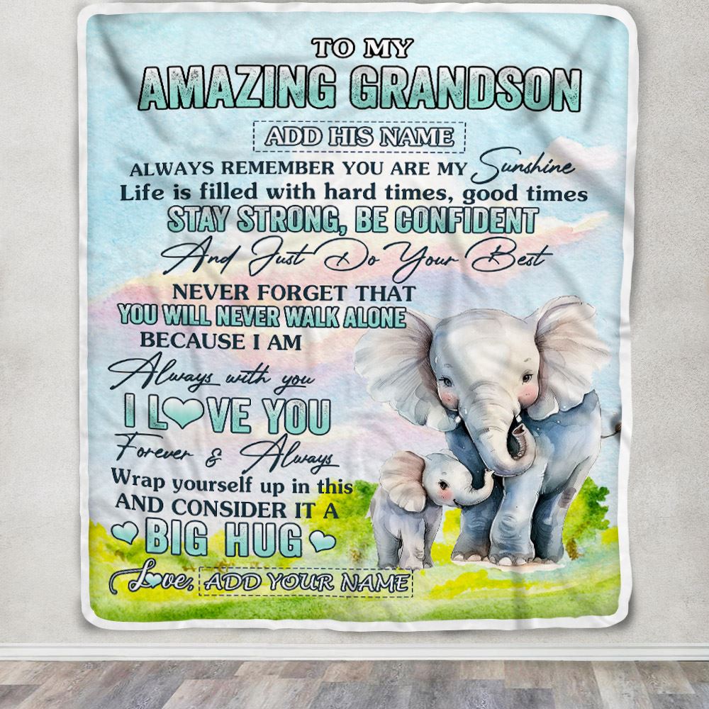 Personalized To My Amazing Grandson Elephant Blanket From Grandma Grandpa My Sunshine Grandson Birthday Gifts Graduation Christmas Customized Fleece Blanket | siriusteestore