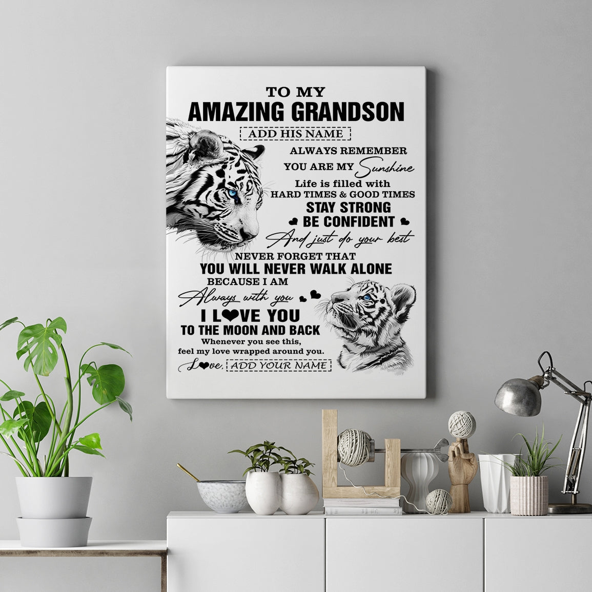 Personalized To My Amazing Grandson Gifts Canvas From Grandma Grandpa White Tiger It A Big Hug Grandson Birthday Gifts Christmas Custom Wall Art Framed Canvas | siriusteestore