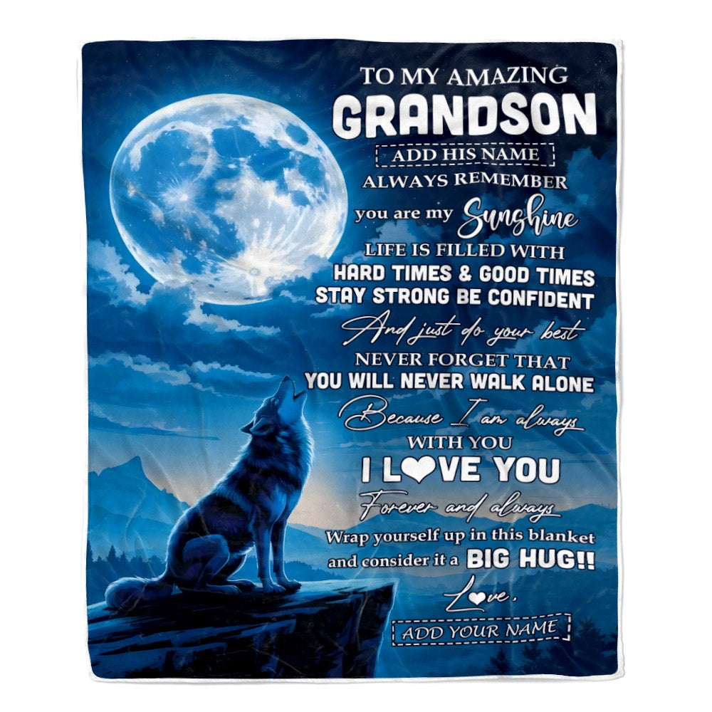 Personalized To My Amazing Grandson Gifts From Grandma Grandpa Blanket Wolf My Sunshine Gifts For Grandson Birthday Graduation Christmas Custom Fleece Blanket | siriusteestore