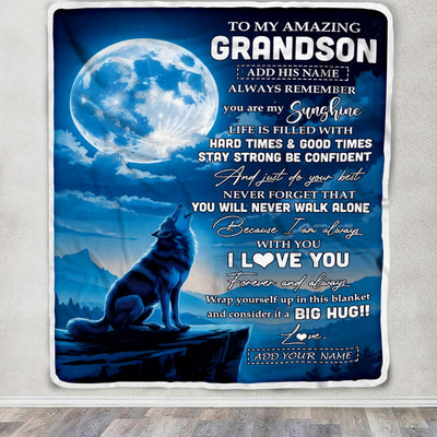 Personalized To My Amazing Grandson Gifts From Grandma Grandpa Blanket Wolf My Sunshine Gifts For Grandson Birthday Graduation Christmas Custom Fleece Blanket | siriusteestore