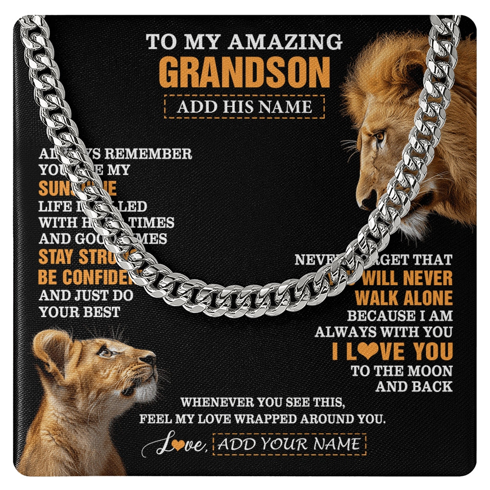 Cuban Link Chain Necklace Stainless Steel | 1 | Personalized To My Amazing Grandson Gifts Necklace From Grandpa Lion It A Big Hug Grandson Birthday Gifts Graduation Christmas Custom Gift Box Message Card | https://siriusteestore.