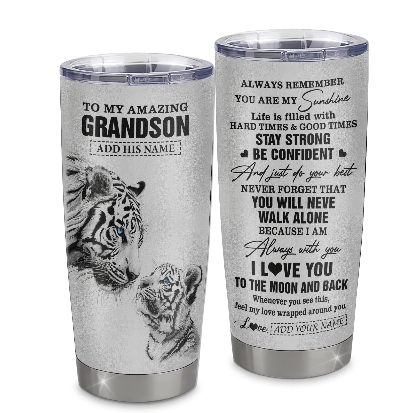 Personalized To My Amazing Grandson Gifts Tumbler From Grandma Grandpa White Tiger It A Big Hug Grandson Birthday Gifts Christmas Custom Stainless Steel Travel Mug | siriusteestore