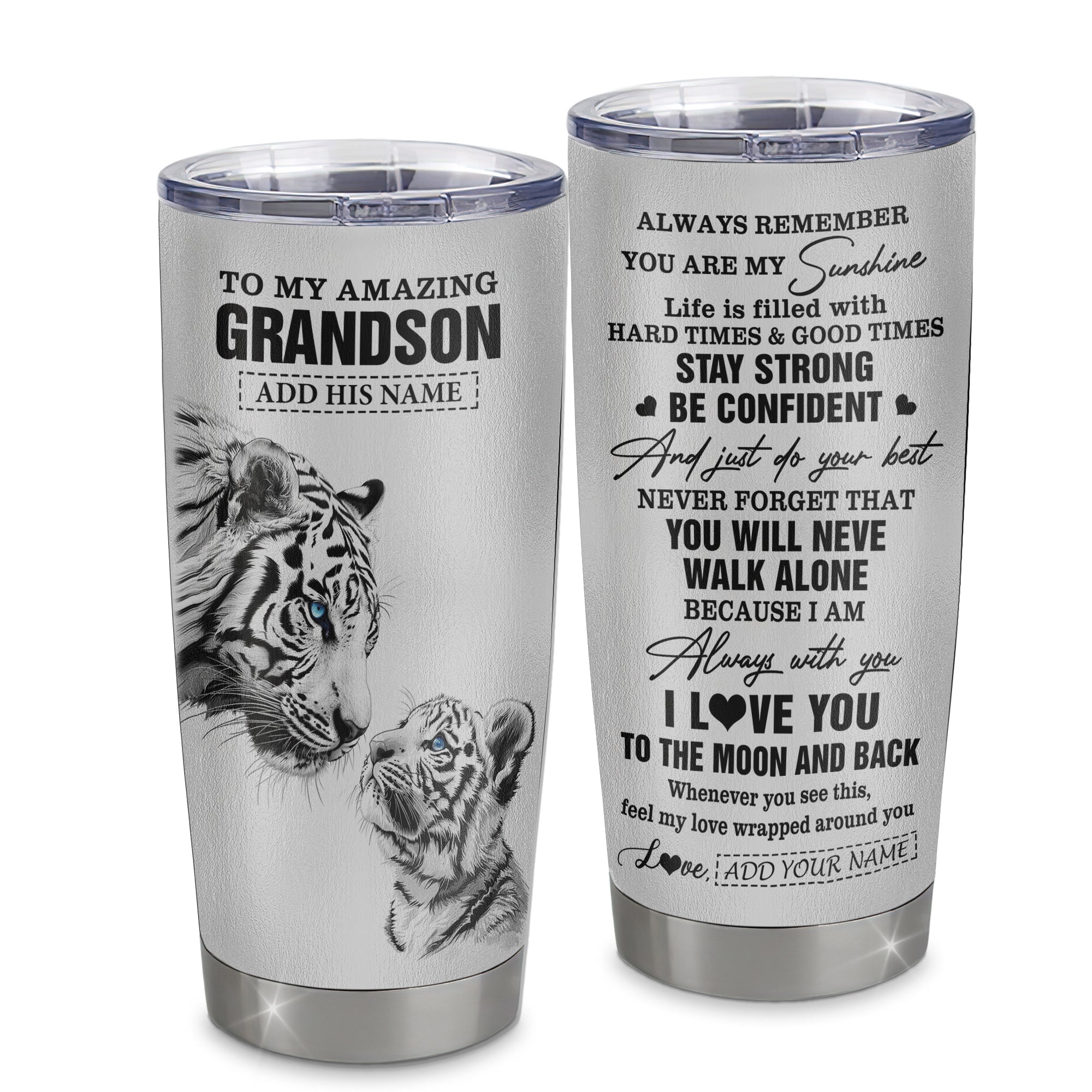 Personalized To My Amazing Grandson Gifts Tumbler From Grandma Grandpa White Tiger It A Big Hug Grandson Birthday Gifts Christmas Custom Stainless Steel Travel Mug | siriusteestore