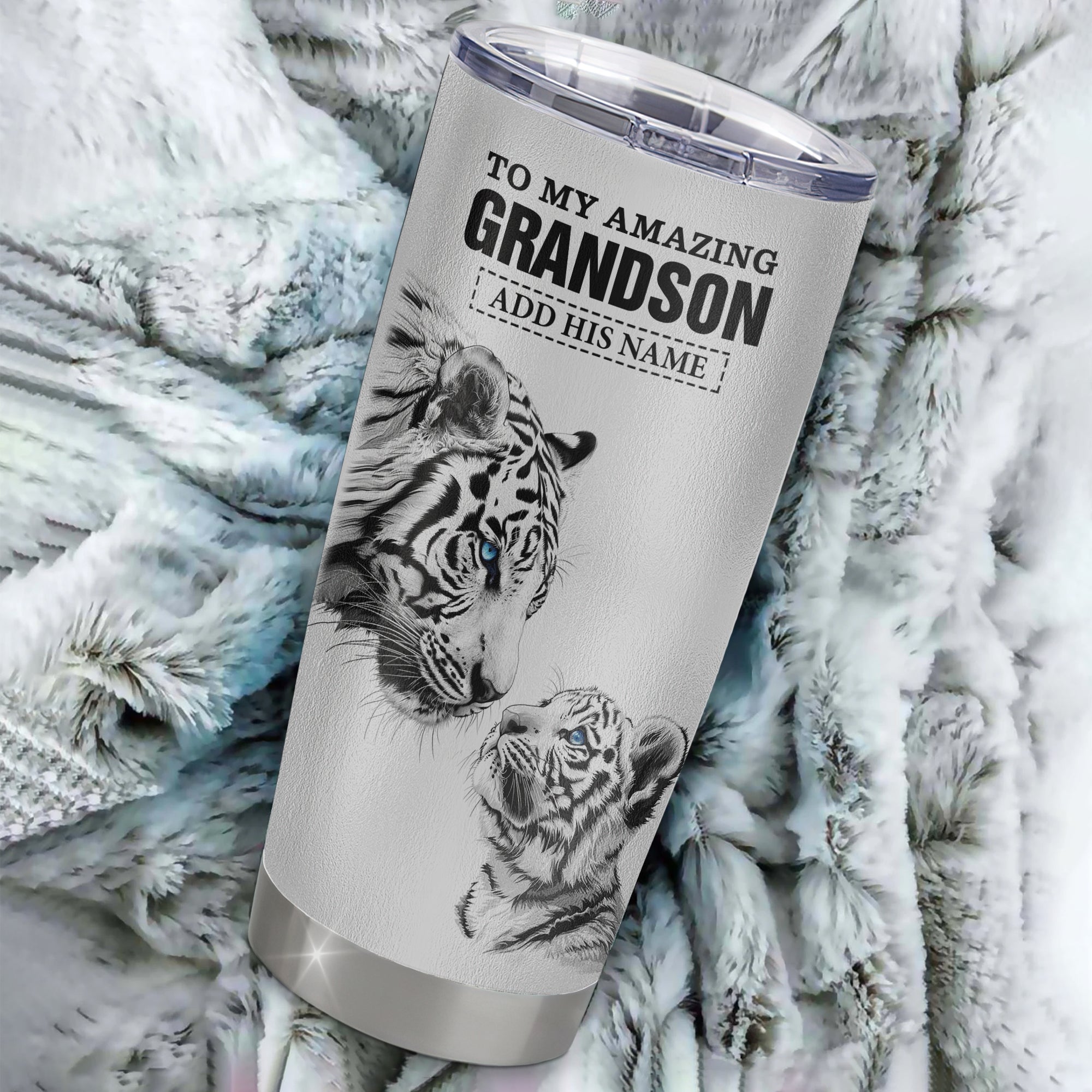 Personalized To My Amazing Grandson Gifts Tumbler From Grandma Grandpa White Tiger It A Big Hug Grandson Birthday Gifts Christmas Custom Stainless Steel Travel Mug | siriusteestore